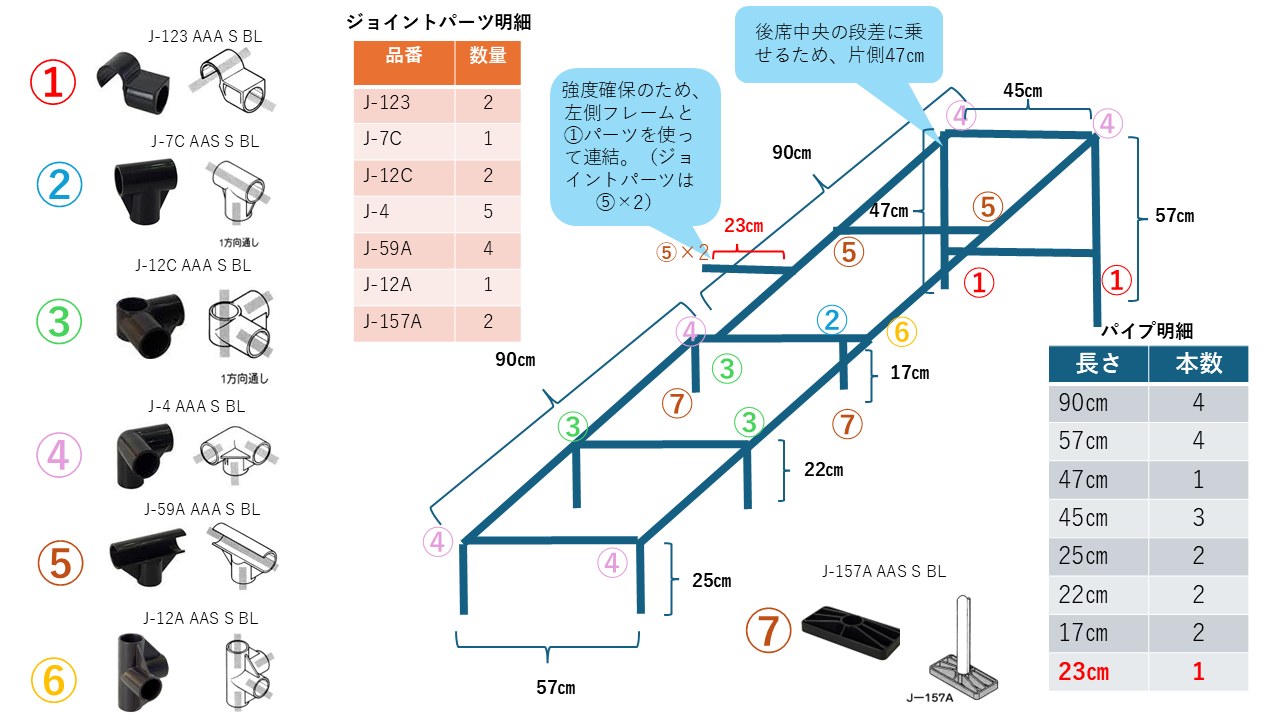 12月版の設計図。足元側の幅57cm、頭側45cm、片側47cmの段差対応と連結補強つき