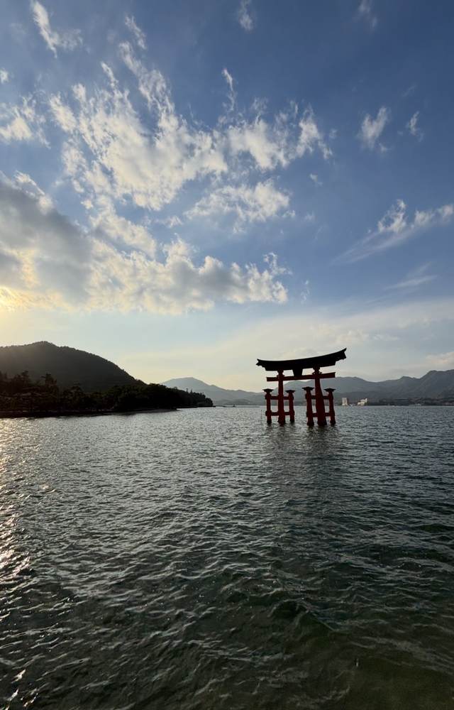 夕方の海に立つ赤い大鳥居